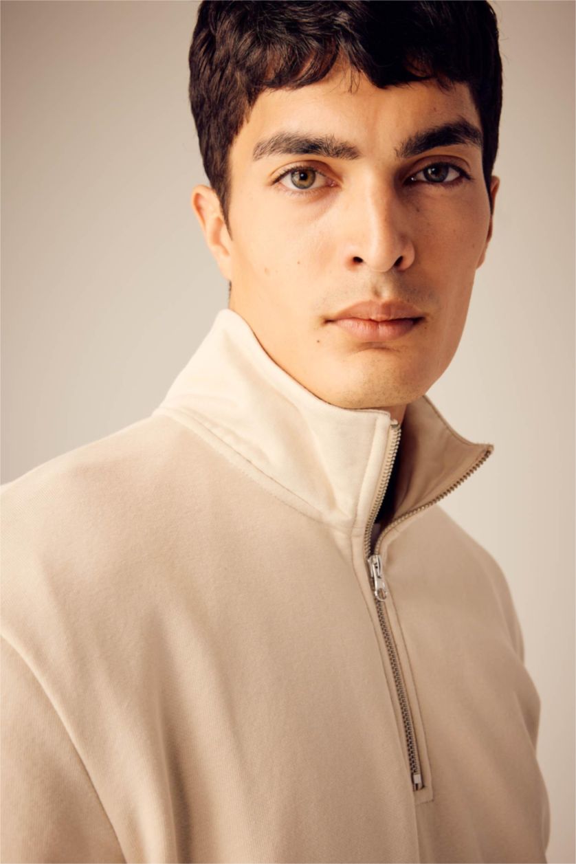 Erkek Bej Comfort Regular Fit Rahat Kalıp Fermuarlı Dik Yaka Basic Düz Sweatshirt