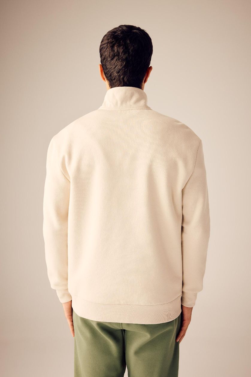 Erkek Bej Comfort Regular Fit Rahat Kalıp Fermuarlı Dik Yaka Basic Düz Sweatshirt