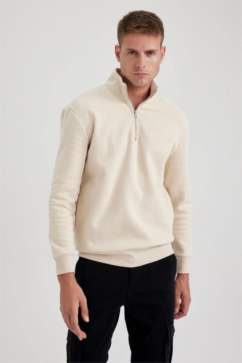 Erkek Bej Comfort Regular Fit Rahat Kalıp Fermuarlı Dik Yaka Basic Düz Sweatshirt