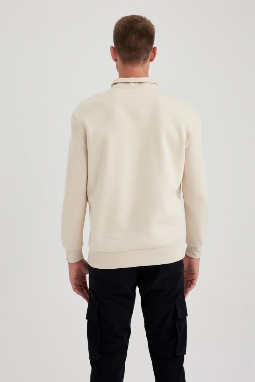 Erkek Bej Comfort Regular Fit Rahat Kalıp Fermuarlı Dik Yaka Basic Düz Sweatshirt