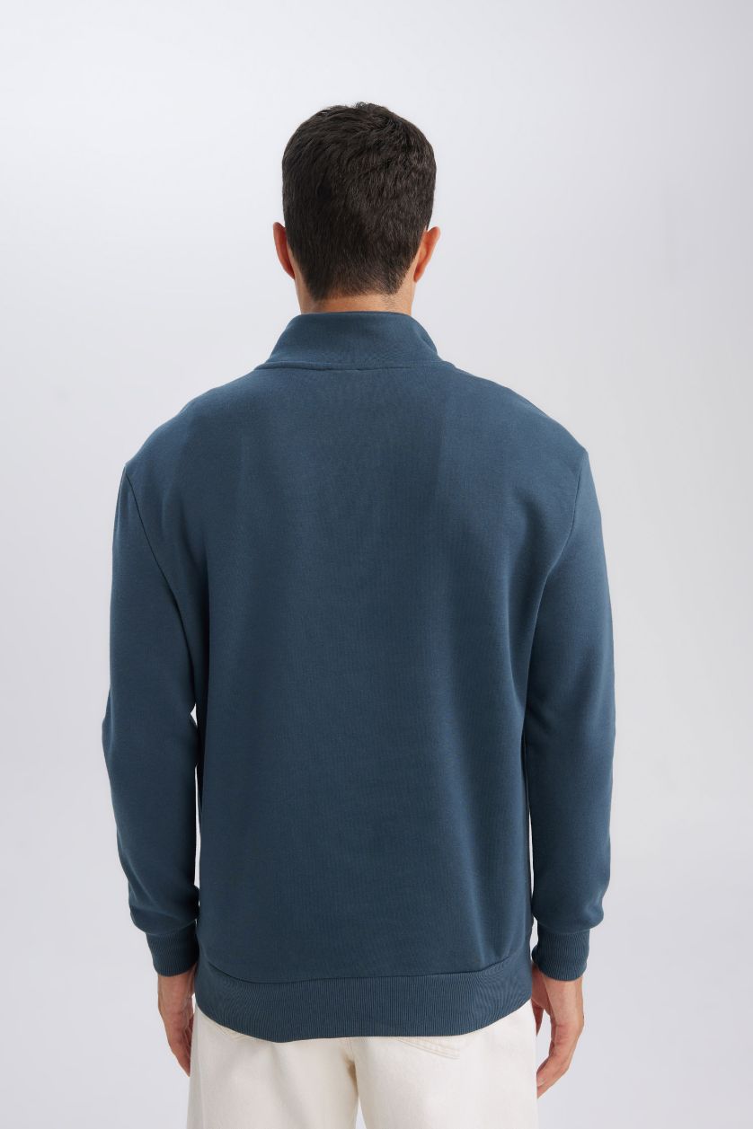 Erkek Petrol Comfort Regular Fit Rahat Kalıp Fermuarlı Dik Yaka Basic Düz Sweatshirt