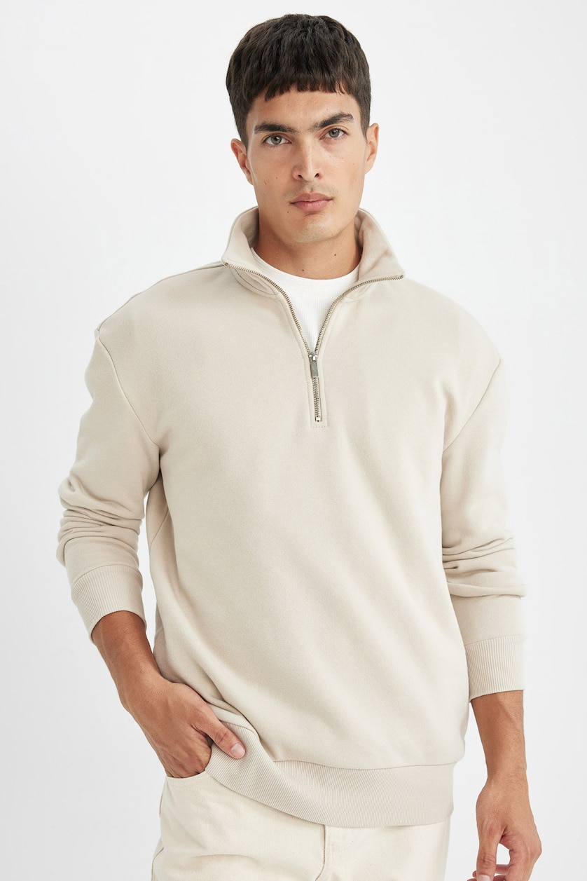 Erkek Taş Regular Fit Yarım Fermuarlı Basic Sweatshirt