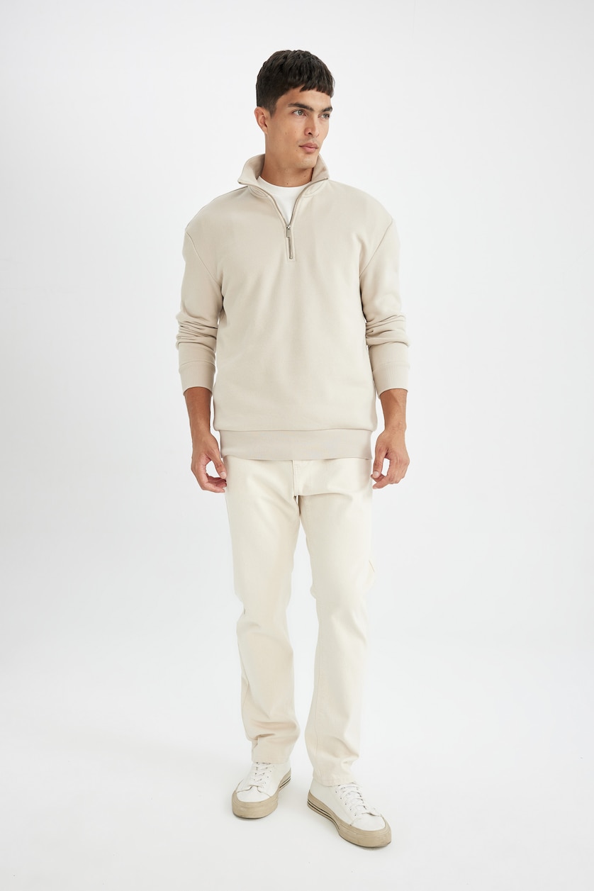 Erkek Taş Regular Fit Yarım Fermuarlı Basic Sweatshirt