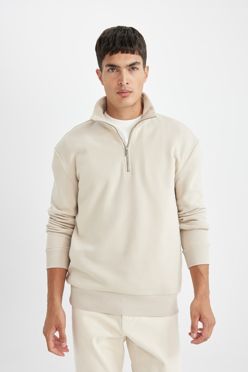 Erkek Taş Regular Fit Yarım Fermuarlı Basic Sweatshirt