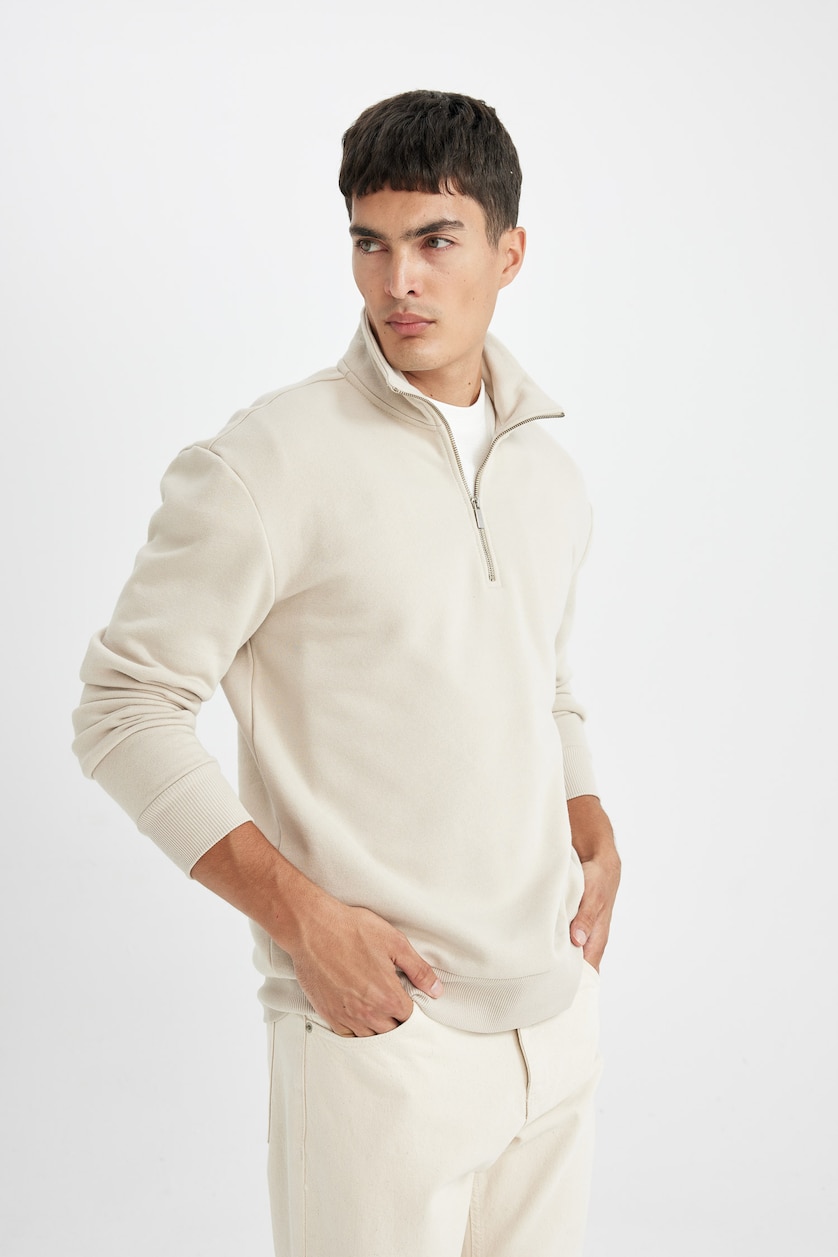 Erkek Taş Regular Fit Yarım Fermuarlı Basic Sweatshirt