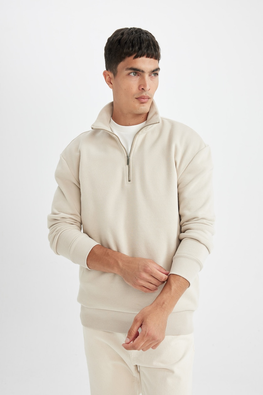 Erkek Taş Regular Fit Yarım Fermuarlı Basic Sweatshirt