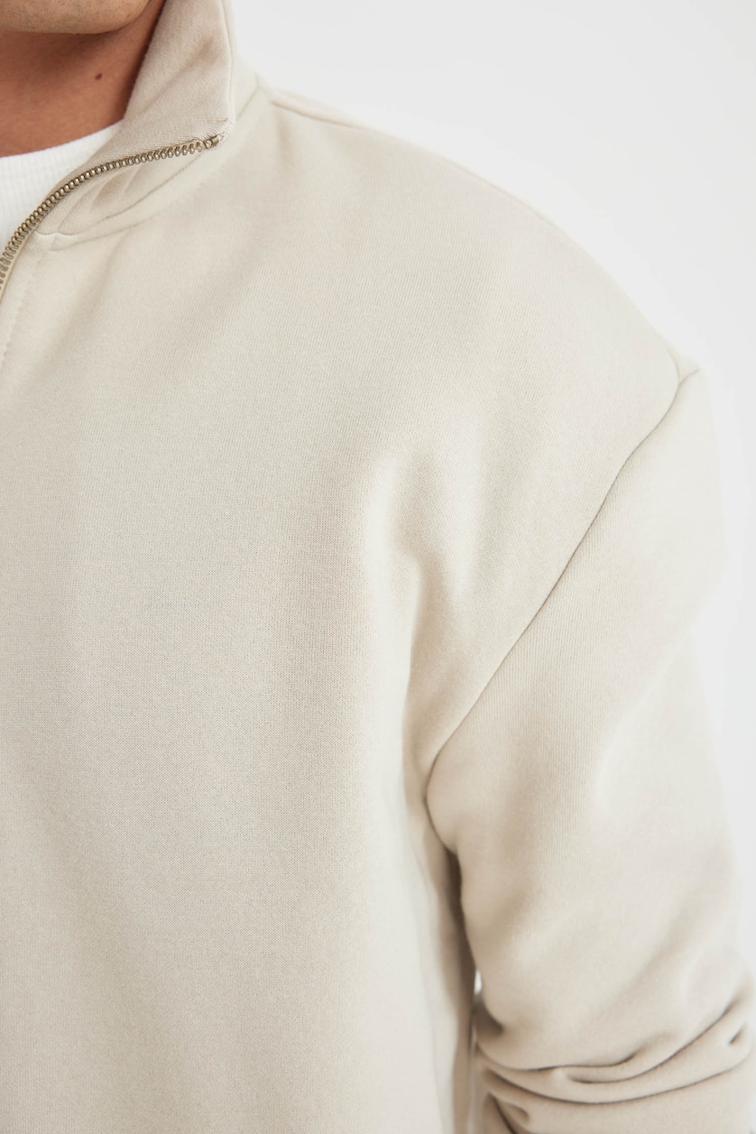 Erkek Taş Regular Fit Yarım Fermuarlı Basic Sweatshirt