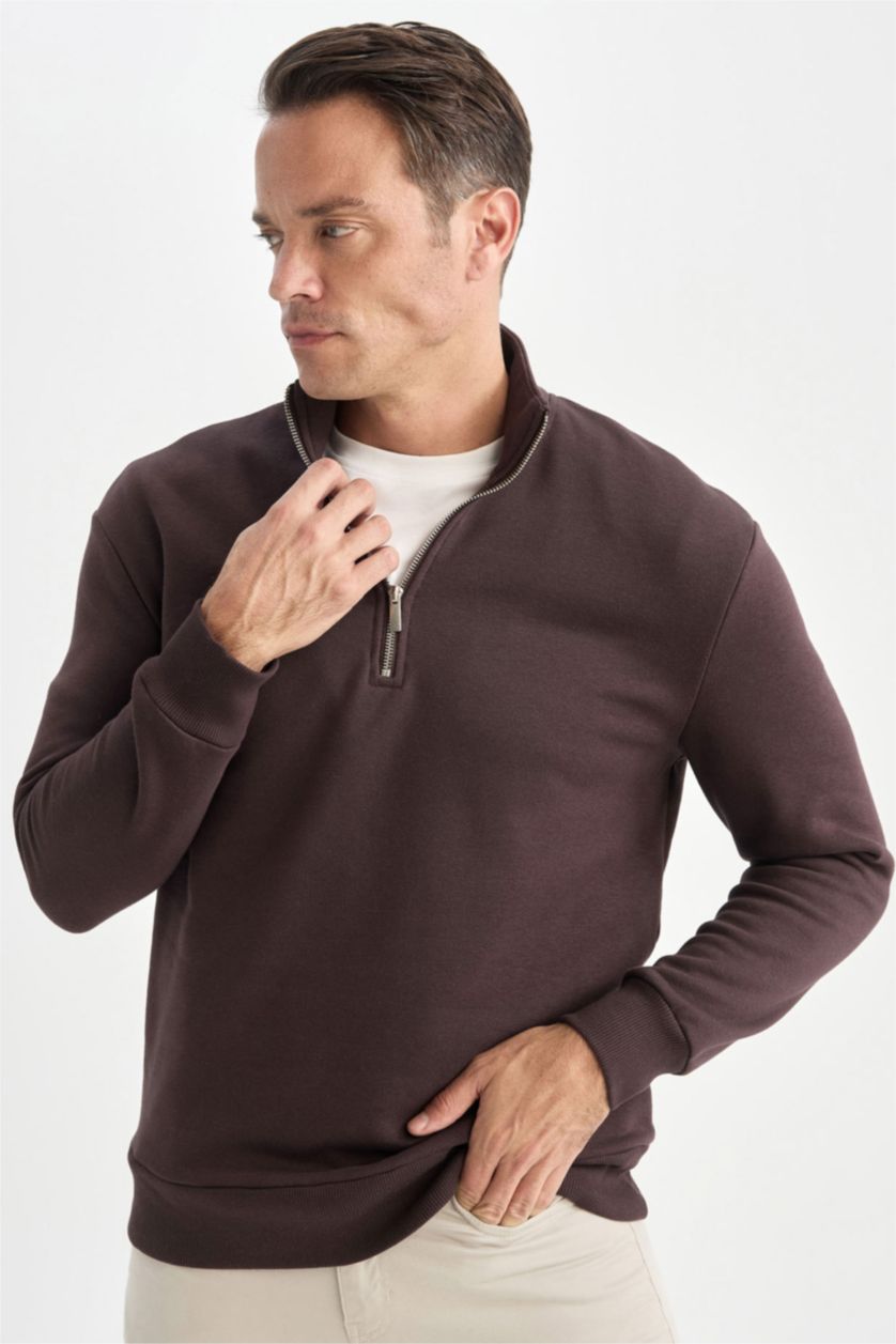 Erkek Kahve Comfort Fıt Kalın Sweatshirt Kumaşı Sweatshirt
