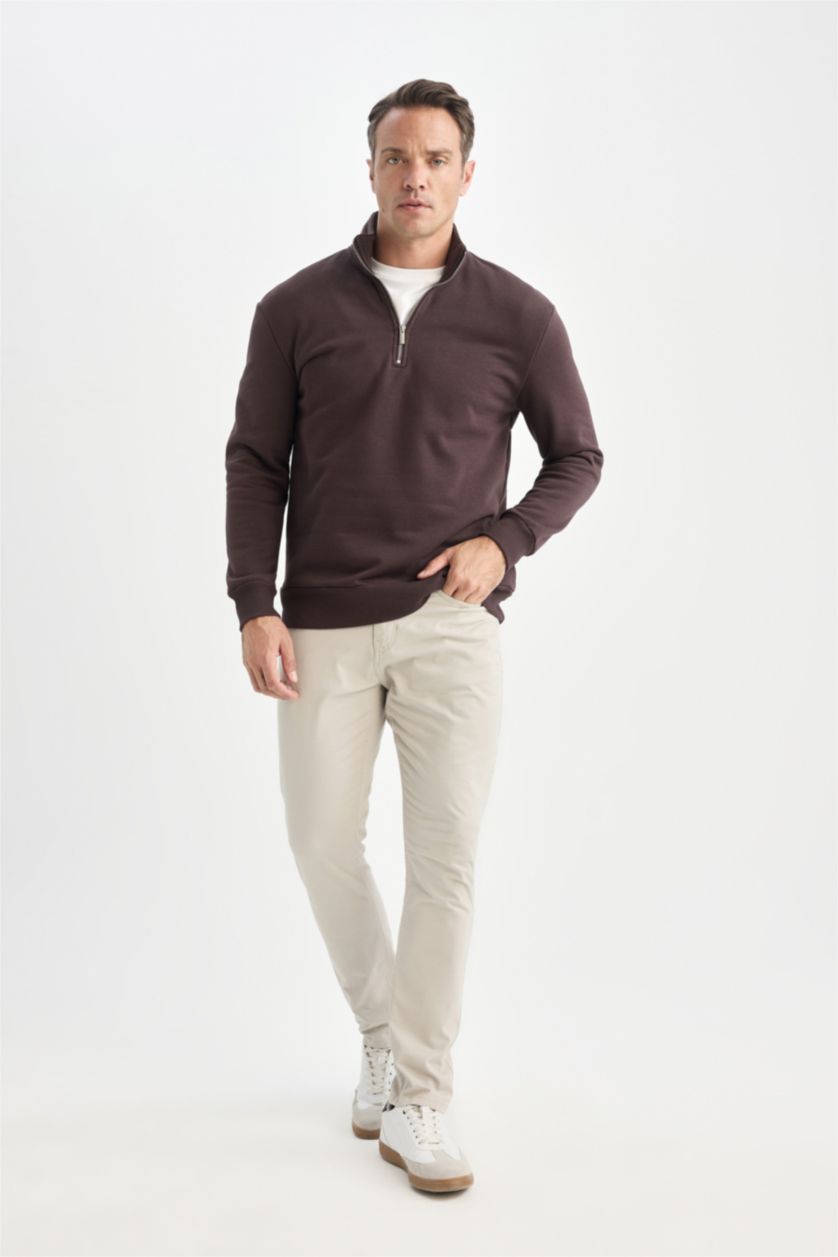 Erkek Kahve Comfort Fıt Kalın Sweatshirt Kumaşı Sweatshirt