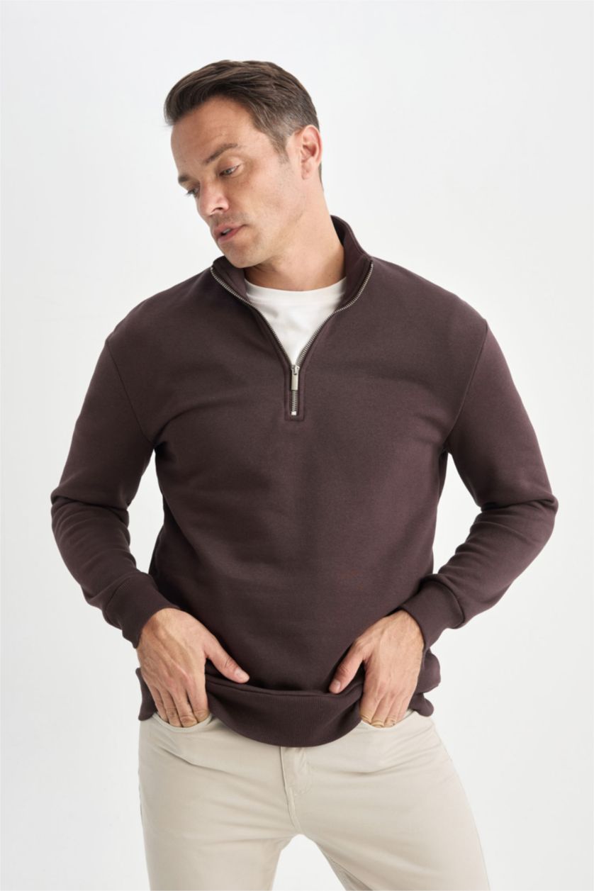Erkek Kahve Comfort Fıt Kalın Sweatshirt Kumaşı Sweatshirt
