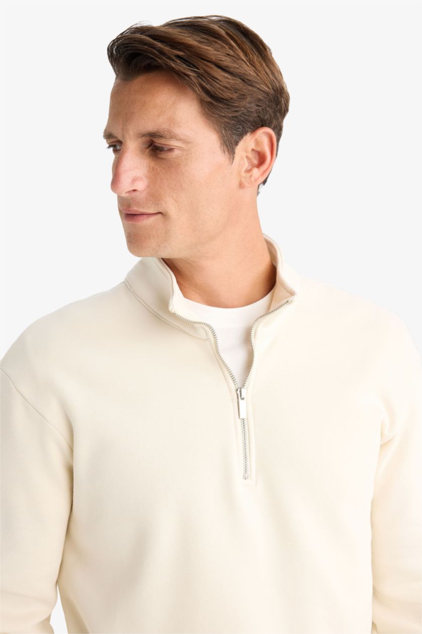 Erkek Ekru Comfort Regular Fit Rahat Kalıp Fermuarlı Dik Yaka Basic Düz Sweatshirt
