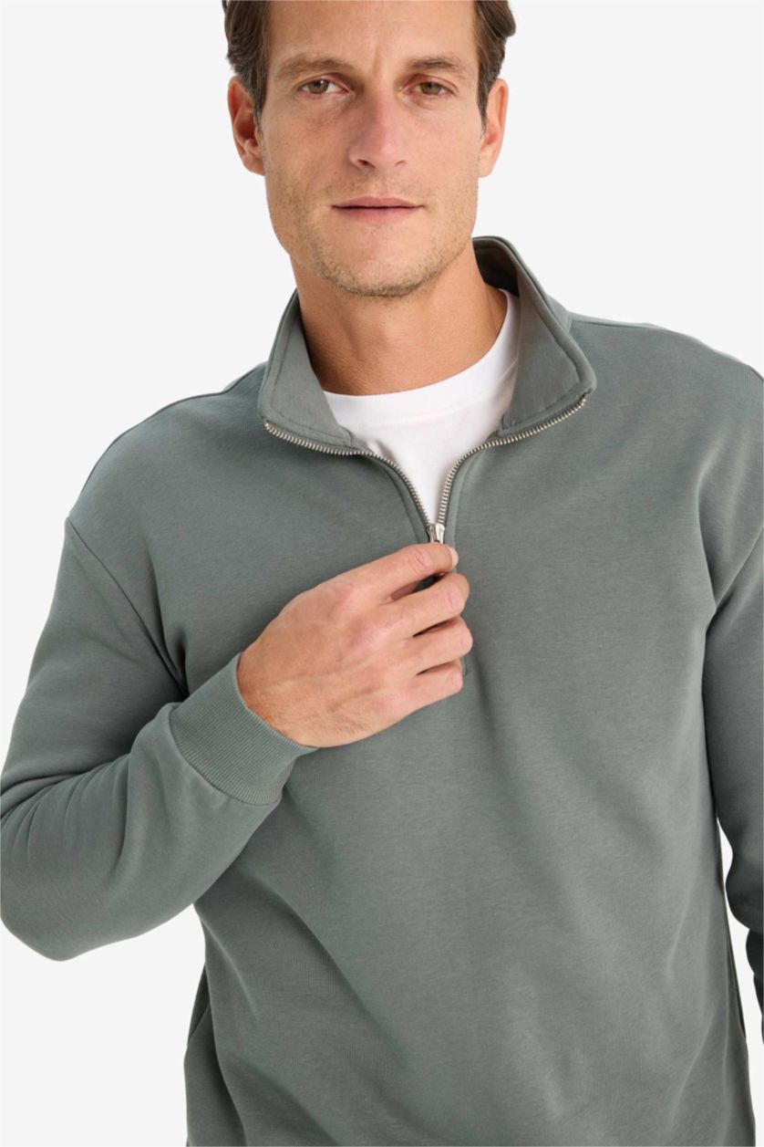 Erkek Yeşil Comfort Regular Fit Rahat Kalıp Fermuarlı Dik Yaka Basic Düz Sweatshirt