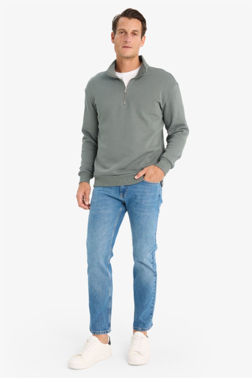Erkek Yeşil Comfort Regular Fit Rahat Kalıp Fermuarlı Dik Yaka Basic Düz Sweatshirt