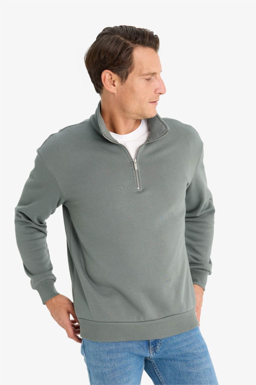 Erkek Yeşil Comfort Regular Fit Rahat Kalıp Fermuarlı Dik Yaka Basic Düz Sweatshirt
