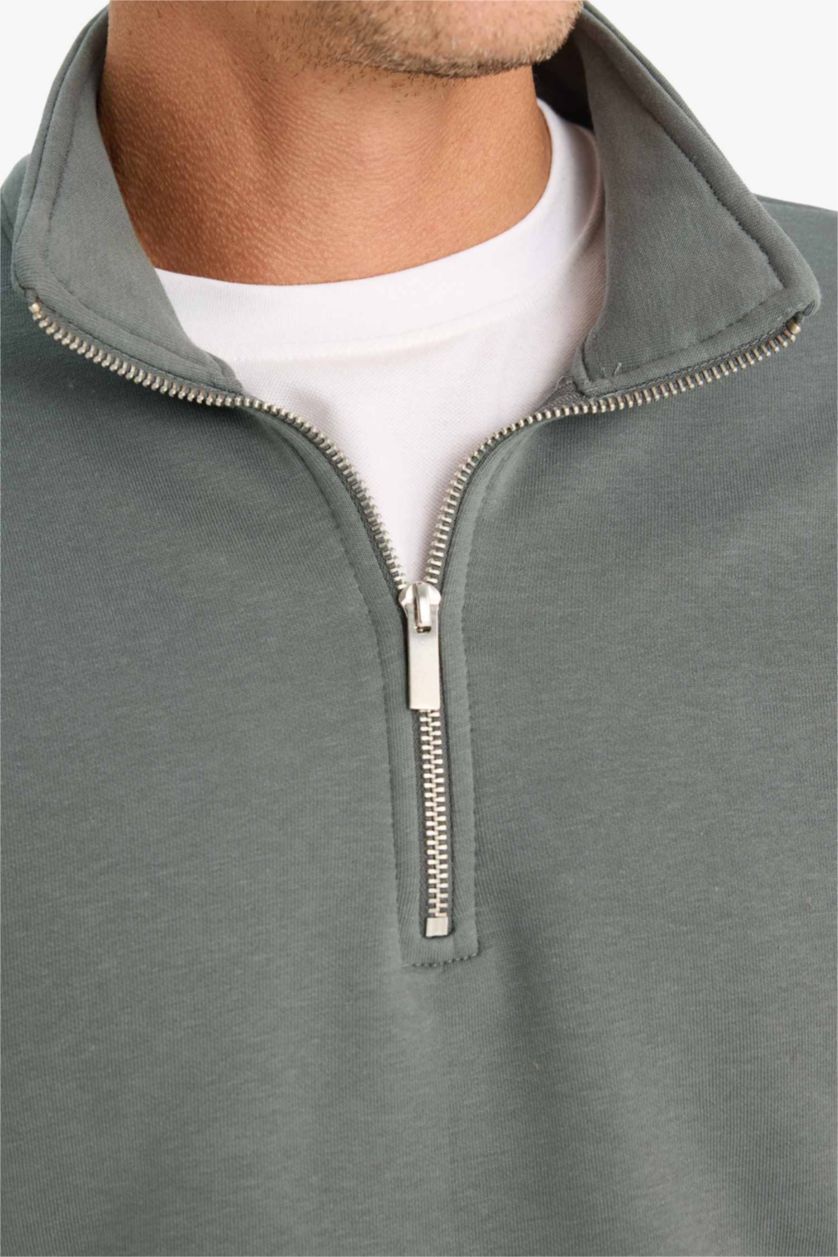 Erkek Yeşil Comfort Regular Fit Rahat Kalıp Fermuarlı Dik Yaka Basic Düz Sweatshirt