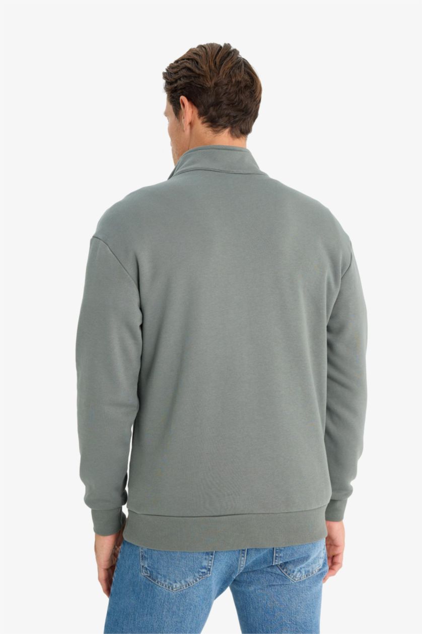 Erkek Yeşil Comfort Regular Fit Rahat Kalıp Fermuarlı Dik Yaka Basic Düz Sweatshirt