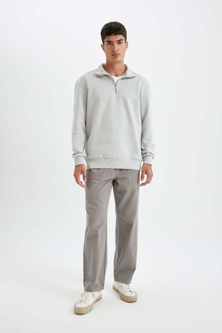MAN Light Grey Comfort Fit Stand Collar Zippered Thick Sweatshirt