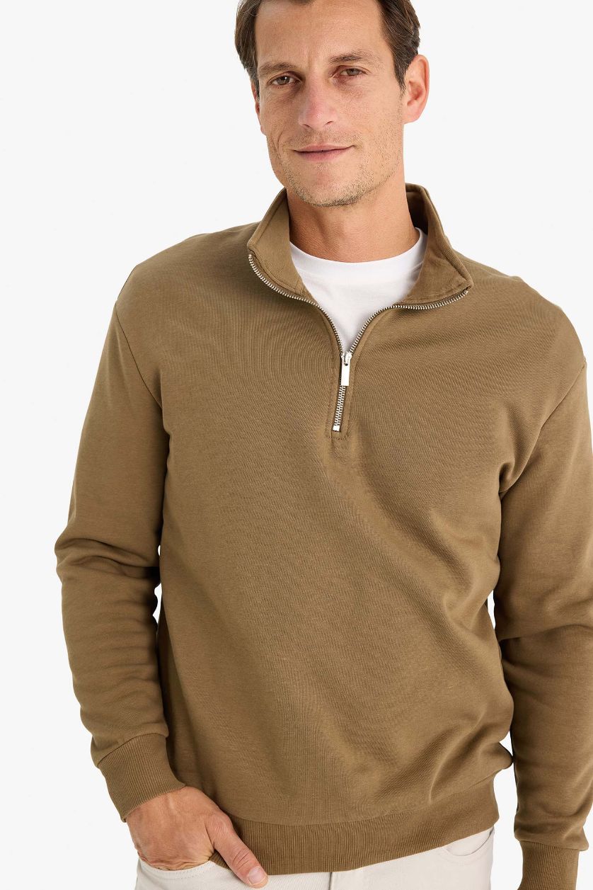 Erkek Haki Comfort Regular Fit Rahat Kalıp Fermuarlı Dik Yaka Basic Düz Sweatshirt