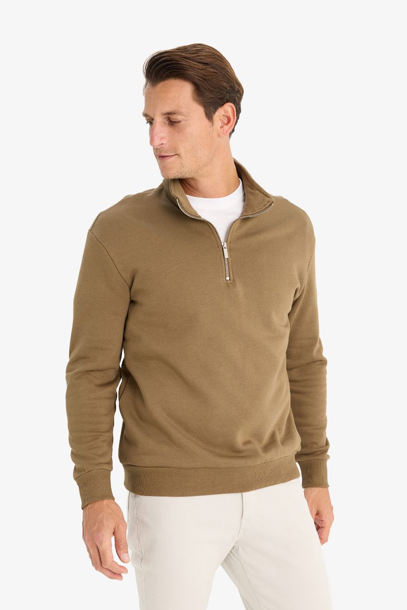 Erkek Haki Comfort Regular Fit Rahat Kalıp Fermuarlı Dik Yaka Basic Düz Sweatshirt