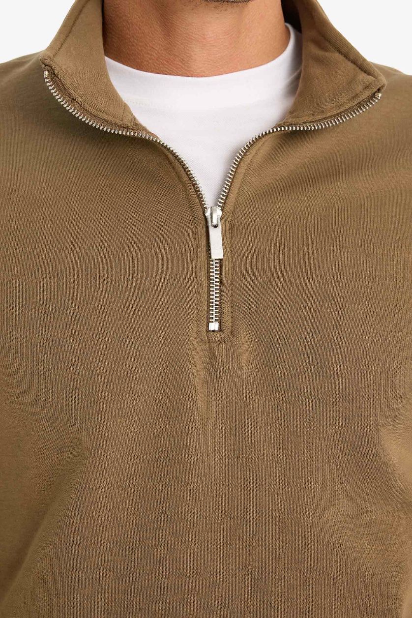 Erkek Haki Comfort Regular Fit Rahat Kalıp Fermuarlı Dik Yaka Basic Düz Sweatshirt