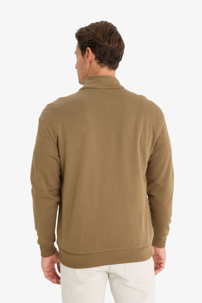 Erkek Haki Comfort Regular Fit Rahat Kalıp Fermuarlı Dik Yaka Basic Düz Sweatshirt