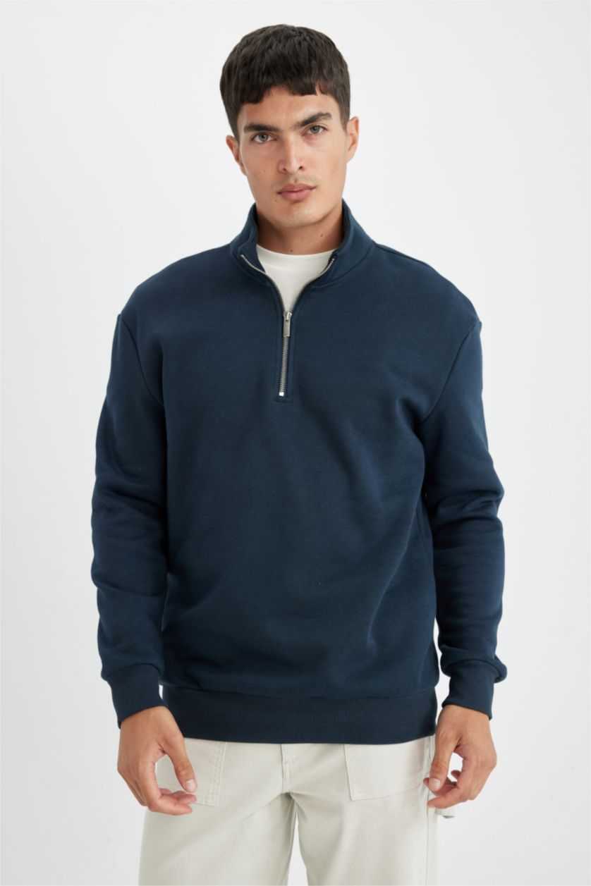 Erkek Lacivert Comfort Regular Fit Rahat Kalıp Fermuarlı Dik Yaka Basic Düz Sweatshirt