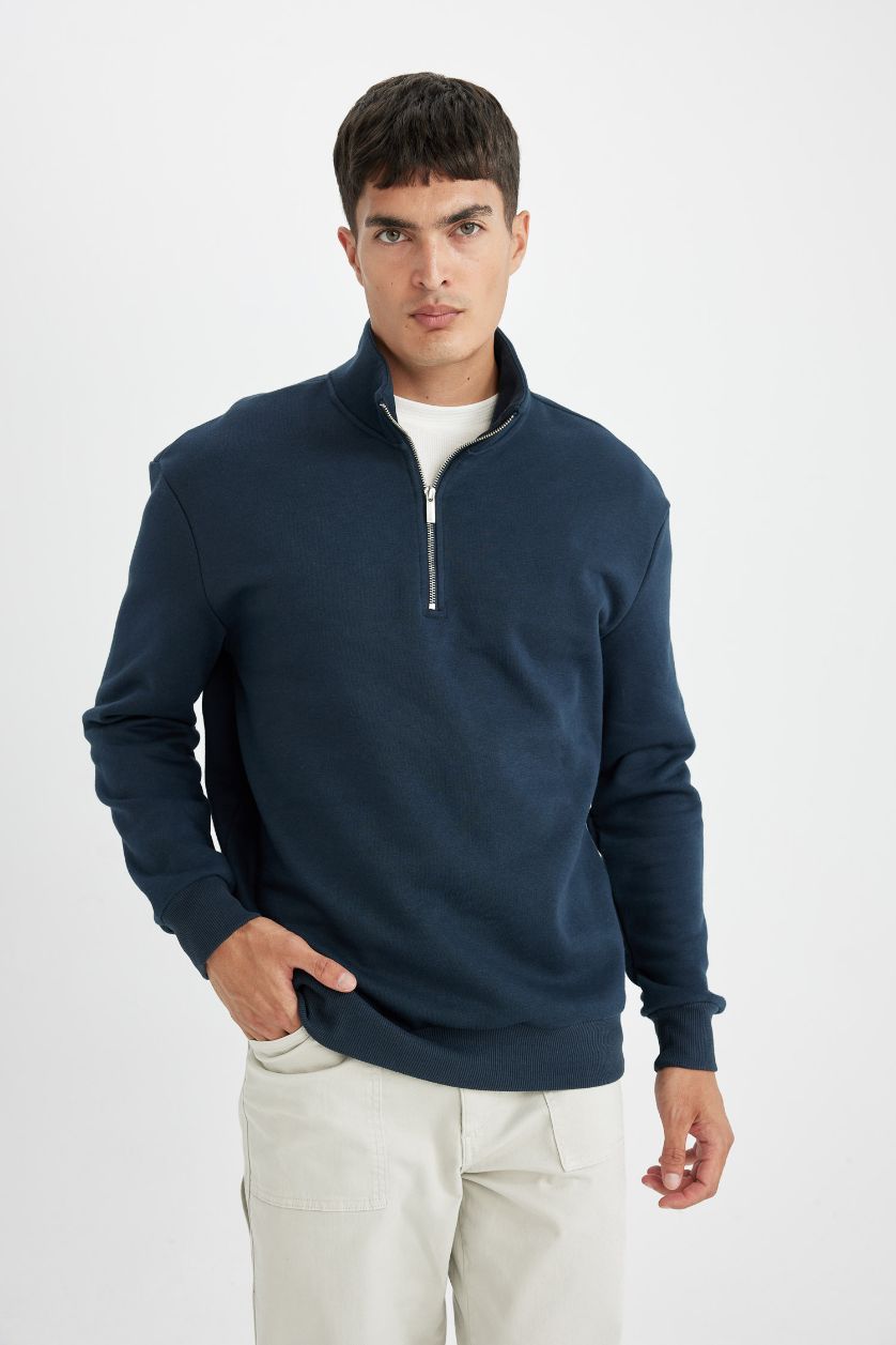 Erkek Lacivert Comfort Regular Fit Rahat Kalıp Fermuarlı Dik Yaka Basic Düz Sweatshirt