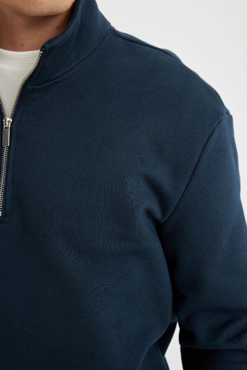 Erkek Lacivert Comfort Regular Fit Rahat Kalıp Fermuarlı Dik Yaka Basic Düz Sweatshirt