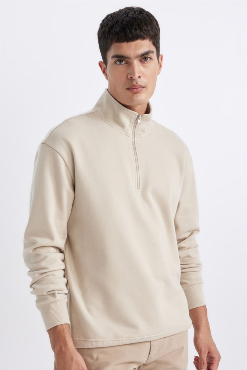 HOMME Beige Sweat-shirt Basique zippé à col montant et coupe Confort