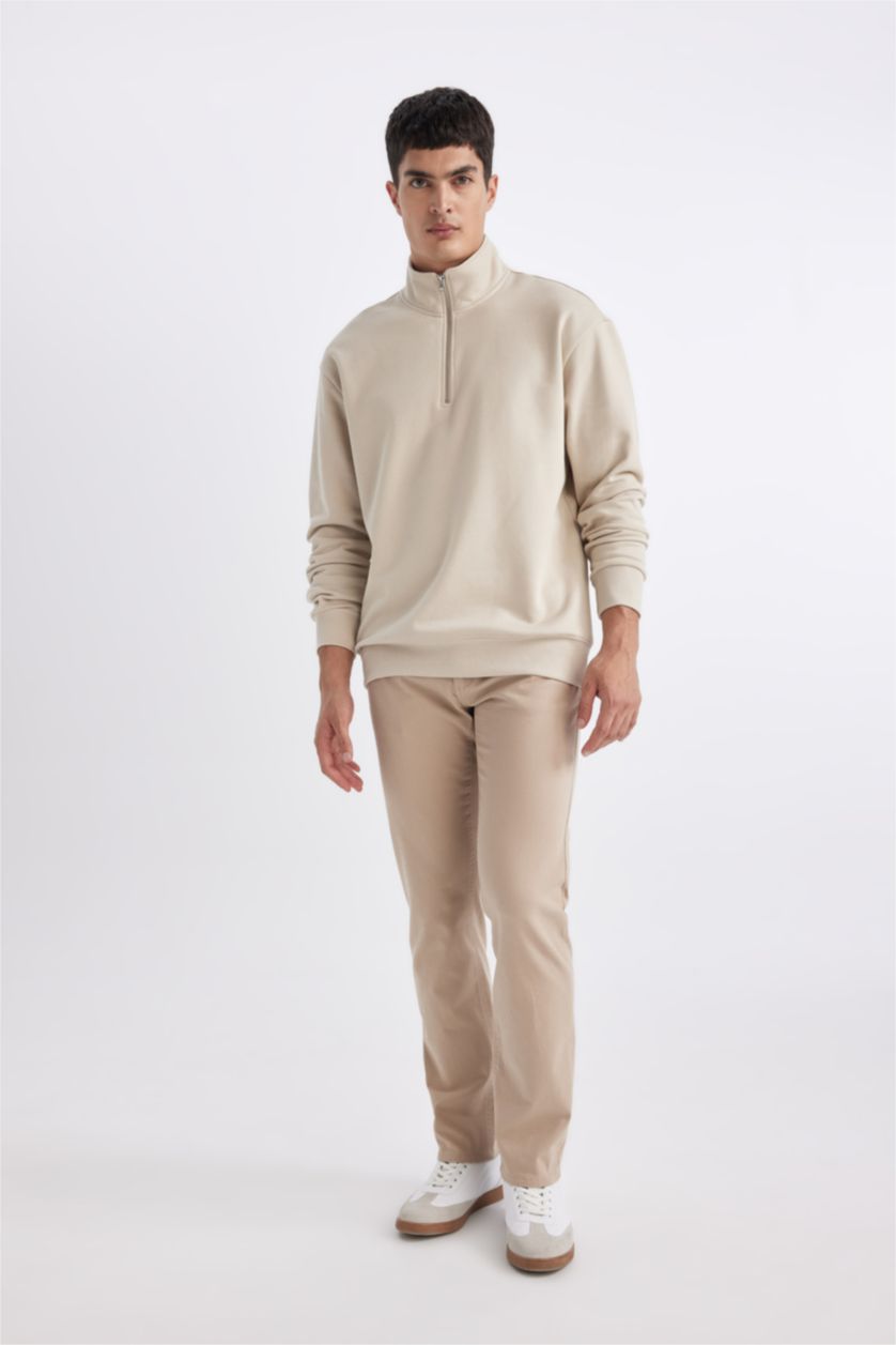 HOMME Beige Sweat-shirt Basique zippé à col montant et coupe Confort
