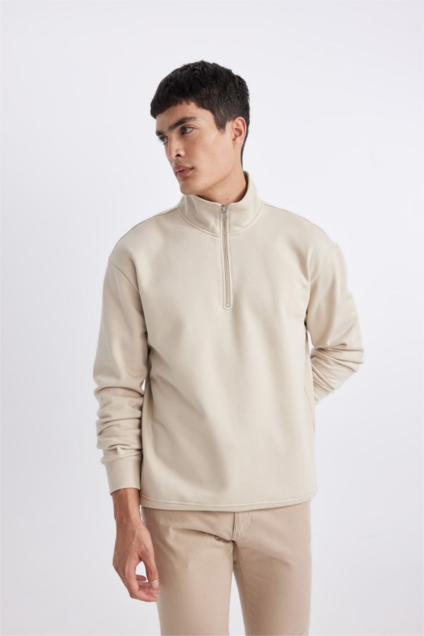 HOMME Beige Sweat-shirt Basique zippé à col montant et coupe Confort