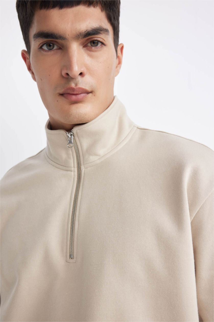 HOMME Beige Sweat-shirt Basique zippé à col montant et coupe Confort