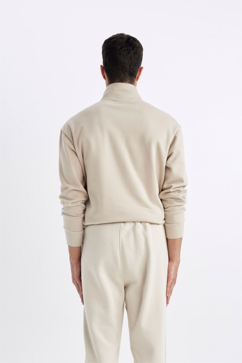 HOMME Beige Sweat-shirt Basique zippé à col montant et coupe Confort