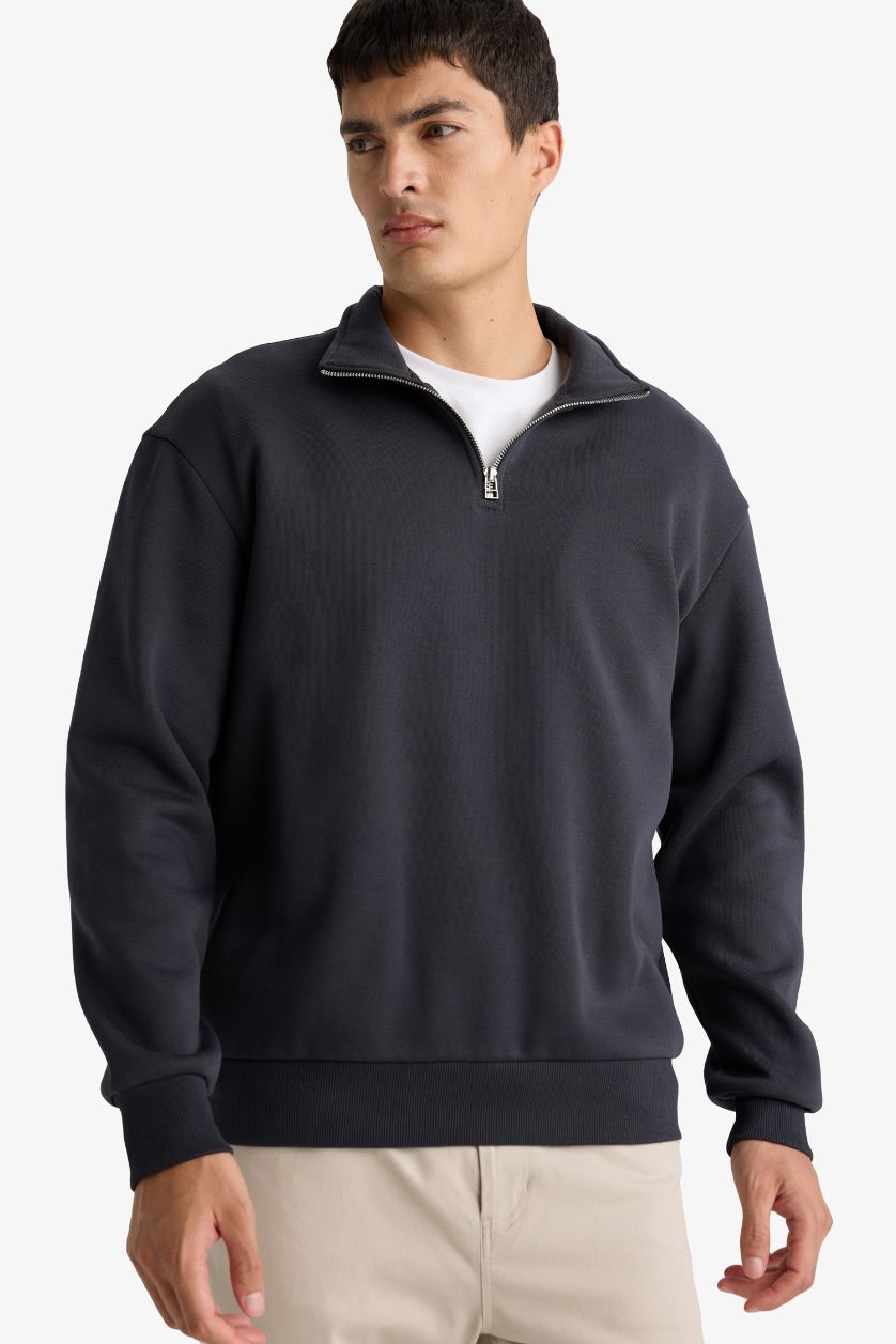 Erkek Antrasit Regular Fit Dik Yaka Yarım Fermuarlı Basic Düz Sweatshirt