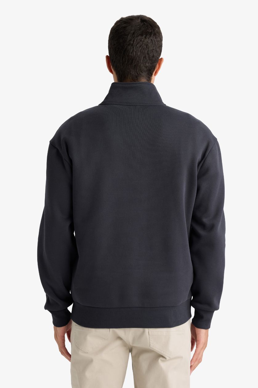 Erkek Antrasit Regular Fit Dik Yaka Yarım Fermuarlı Basic Düz Sweatshirt