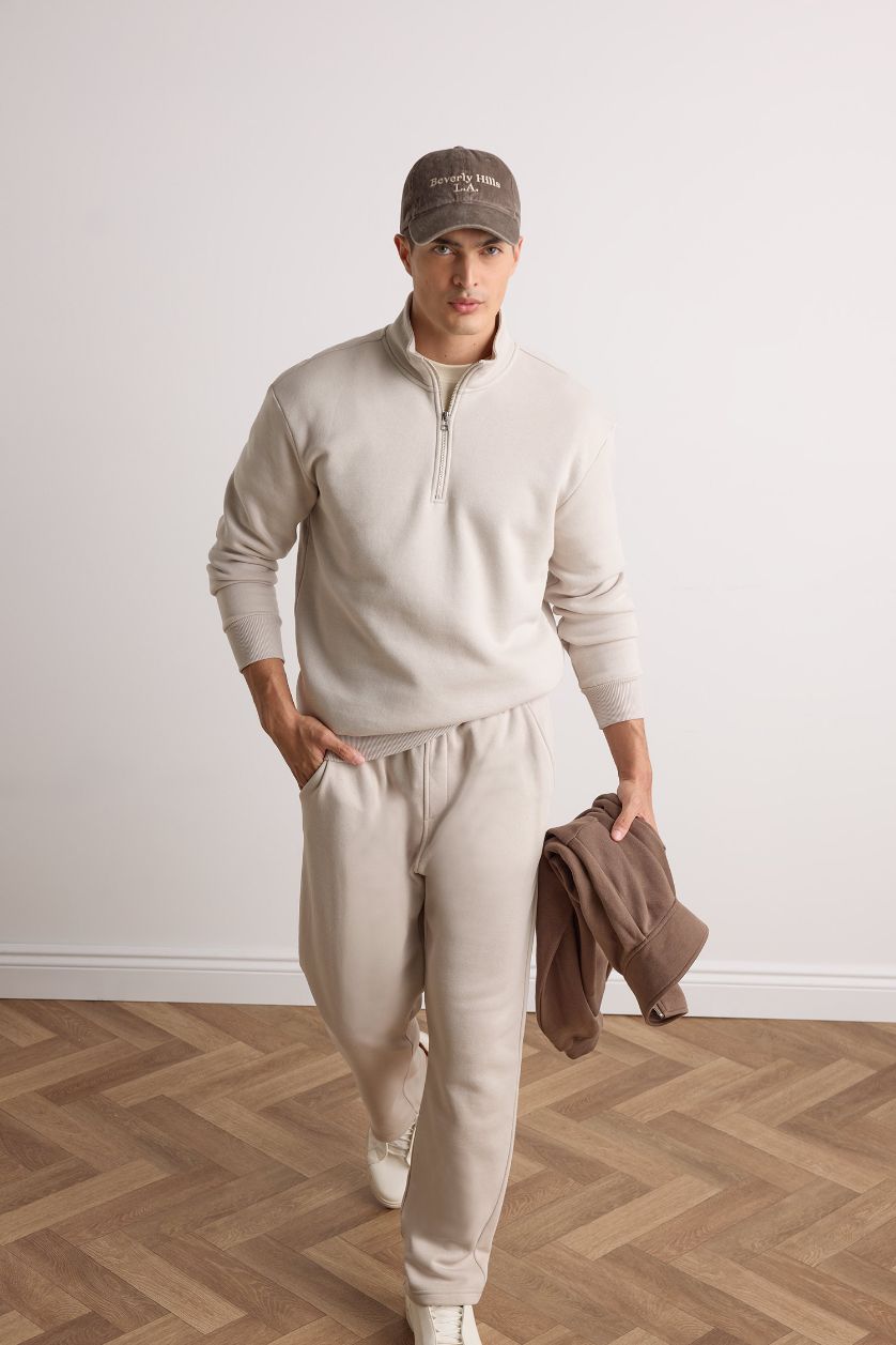 Erkek Taş Regular Fit Dik Yaka Yarım Fermuarlı İçi Yumuşak Tüylü Basic Düz Sweatshirt