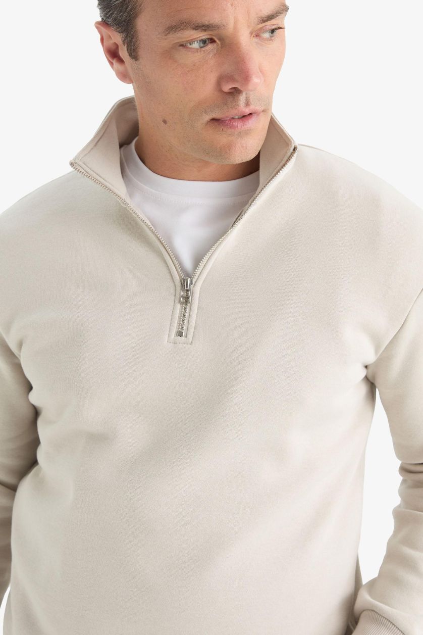 Erkek Taş Regular Fit Dik Yaka Yarım Fermuarlı İçi Yumuşak Tüylü Basic Düz Sweatshirt