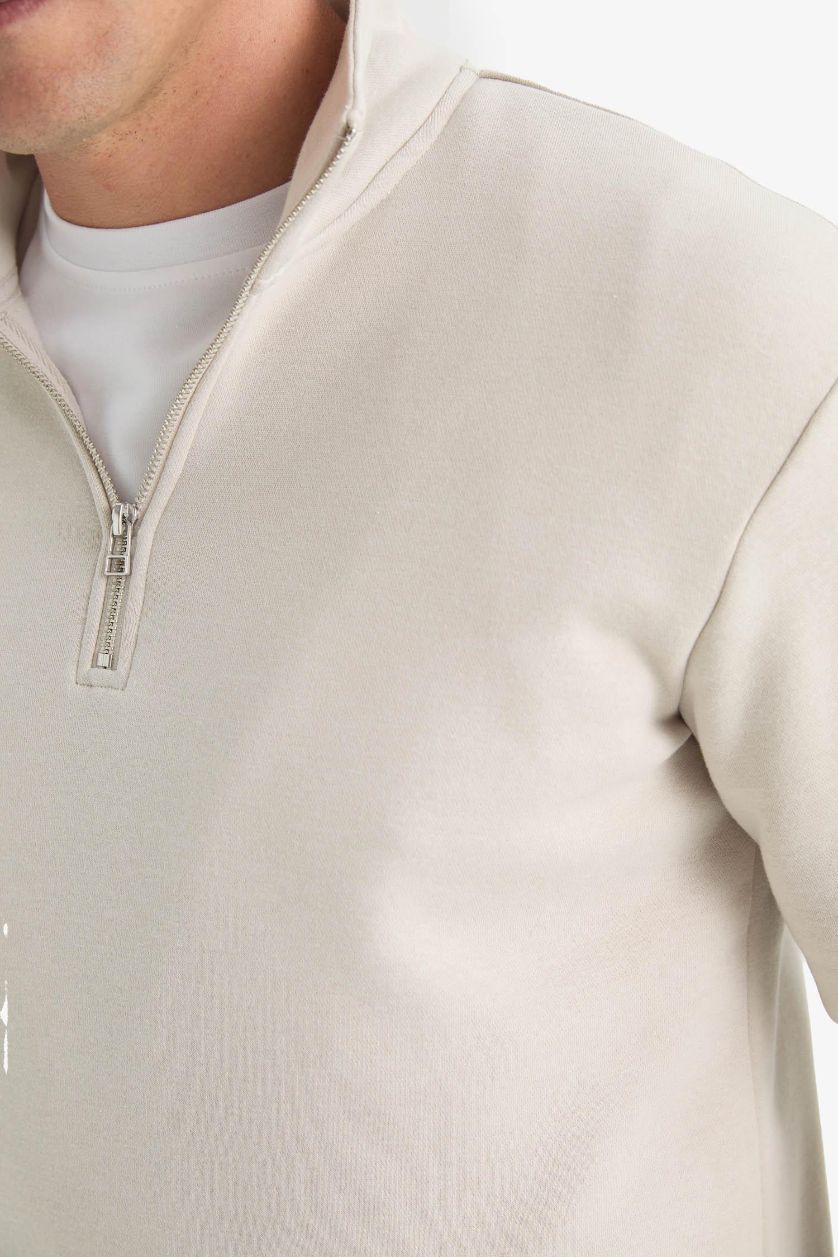 Erkek Taş Regular Fit Dik Yaka Yarım Fermuarlı İçi Yumuşak Tüylü Basic Düz Sweatshirt