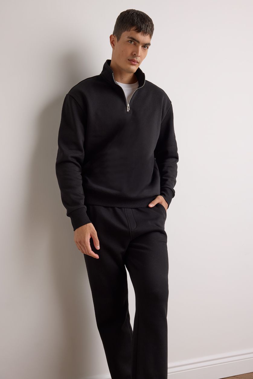 Erkek Siyah Comfort Regular Fit Rahat Kalıp Fermuarlı Dik Yaka Basic Düz Sweatshirt