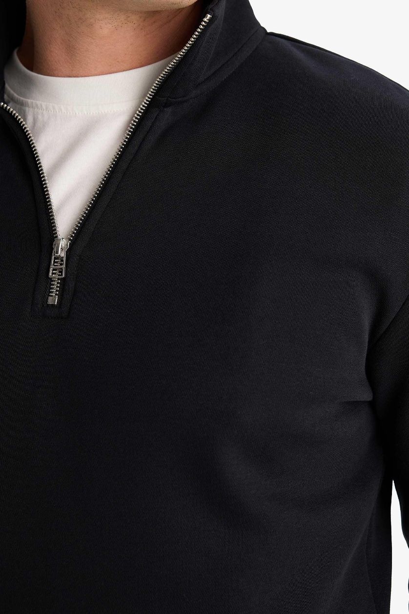 Erkek Siyah Comfort Regular Fit Rahat Kalıp Fermuarlı Dik Yaka Basic Düz Sweatshirt
