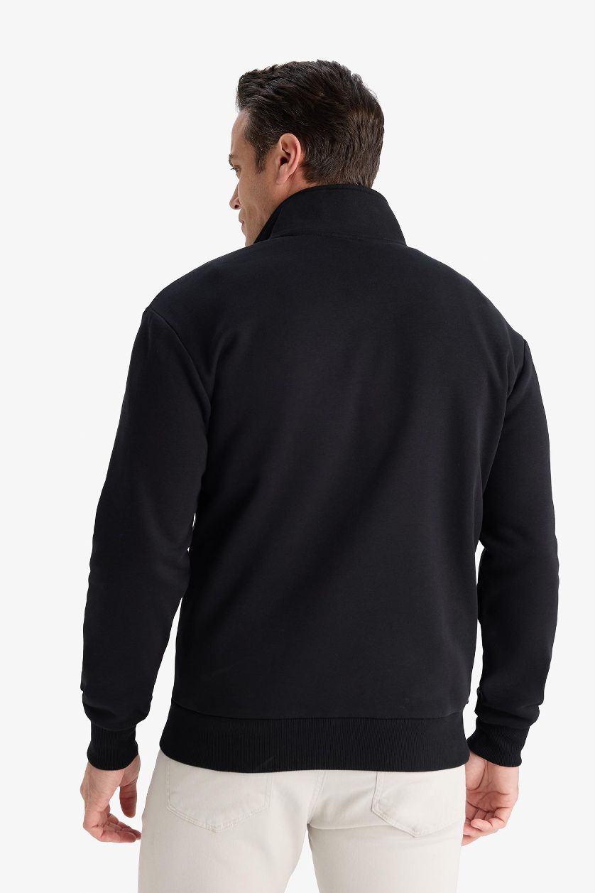 Erkek Siyah Comfort Regular Fit Rahat Kalıp Fermuarlı Dik Yaka Basic Düz Sweatshirt