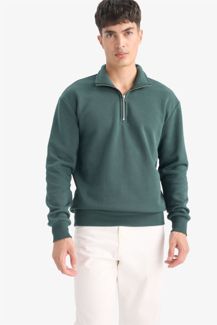 HOMME Vert Foncé Sweat en tissu épais à col montant Coupe régulière