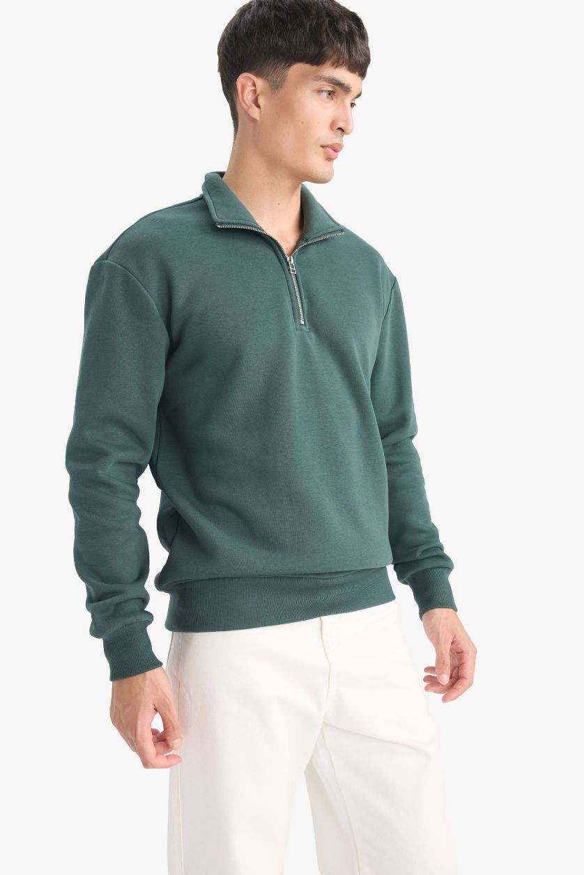 HOMME Vert Foncé Sweat en tissu épais à col montant Coupe régulière