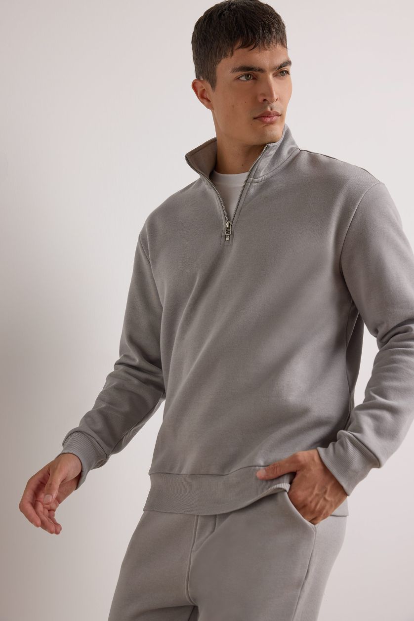 Erkek Gri Regular Fit Dik Yaka Yarım Fermuarlı İçi Yumuşak Tüylü Basic Düz Sweatshirt