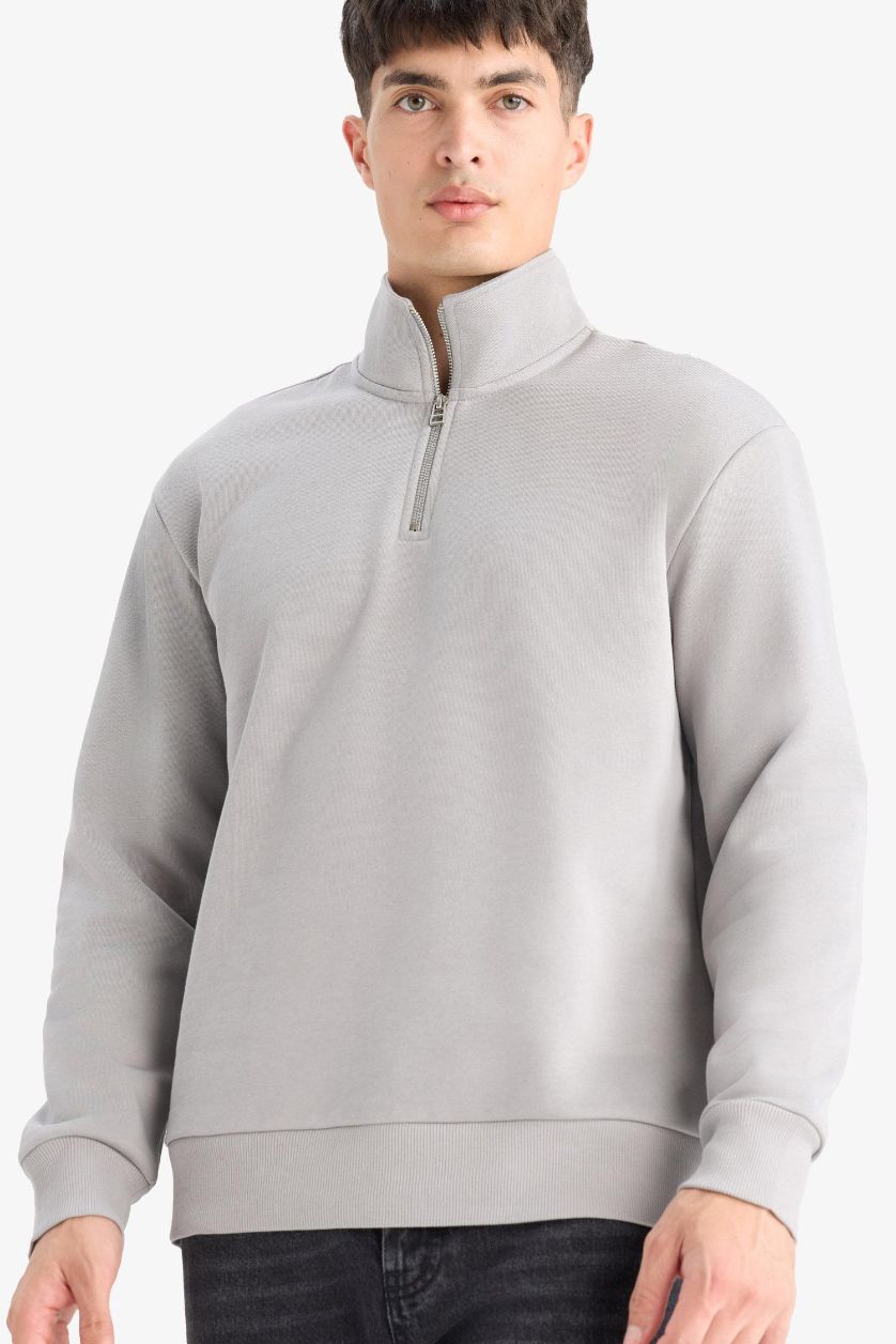 Erkek Gri Regular Fit Dik Yaka Yarım Fermuarlı İçi Yumuşak Tüylü Basic Düz Sweatshirt