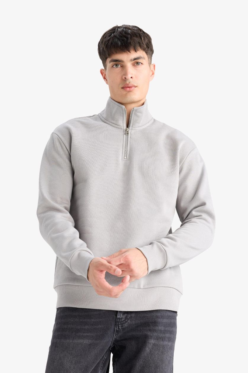 Erkek Gri Regular Fit Dik Yaka Yarım Fermuarlı İçi Yumuşak Tüylü Basic Düz Sweatshirt