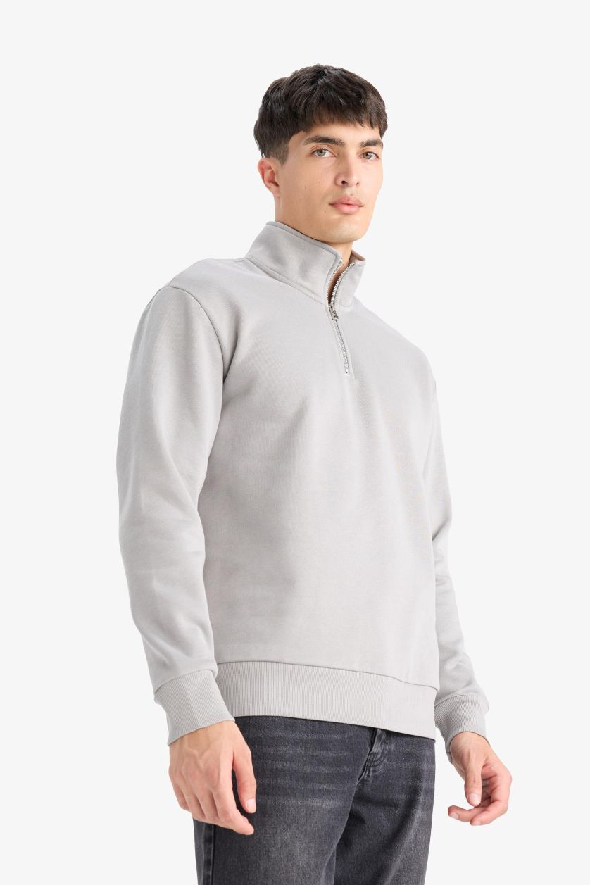 Erkek Gri Regular Fit Dik Yaka Yarım Fermuarlı İçi Yumuşak Tüylü Basic Düz Sweatshirt