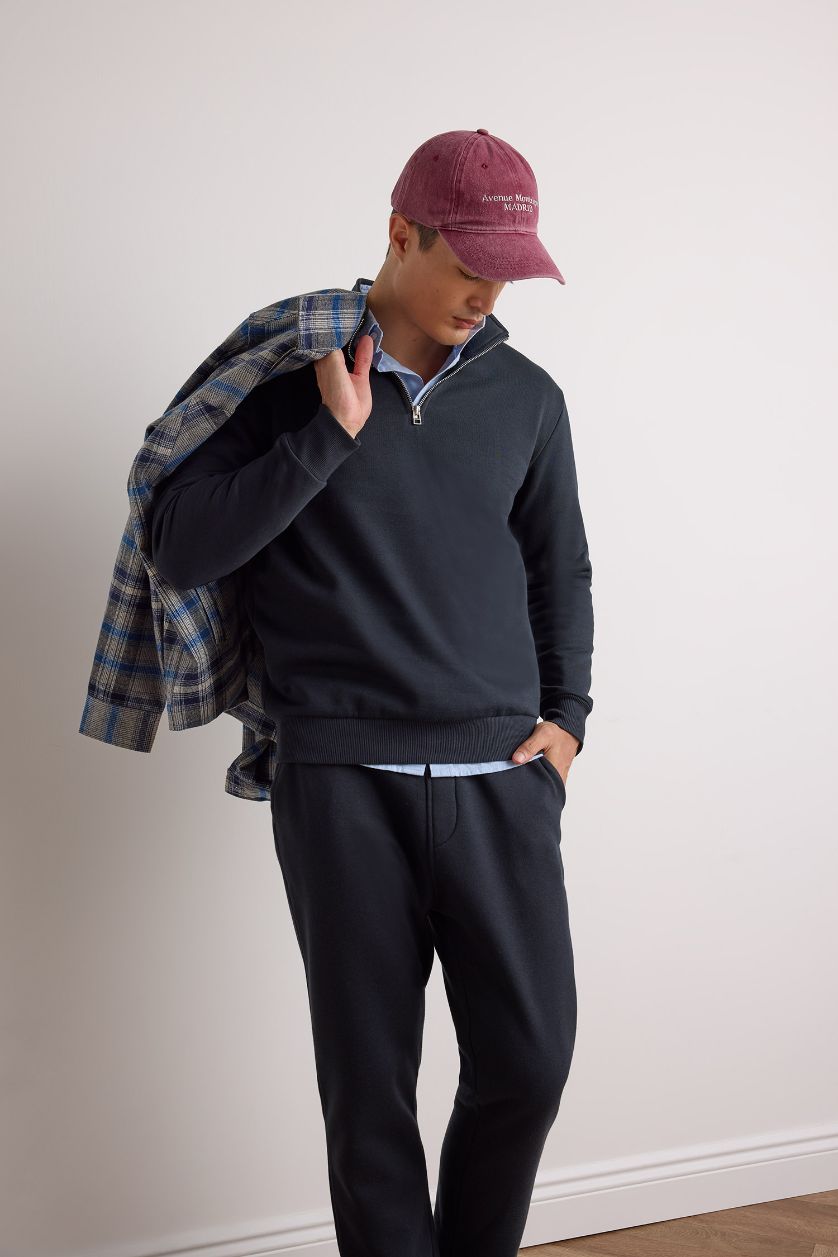 Erkek Lacivert Regular Fit Dik Yaka Yarım Fermuarlı İçi Yumuşak Tüylü Basic Düz Sweatshirt