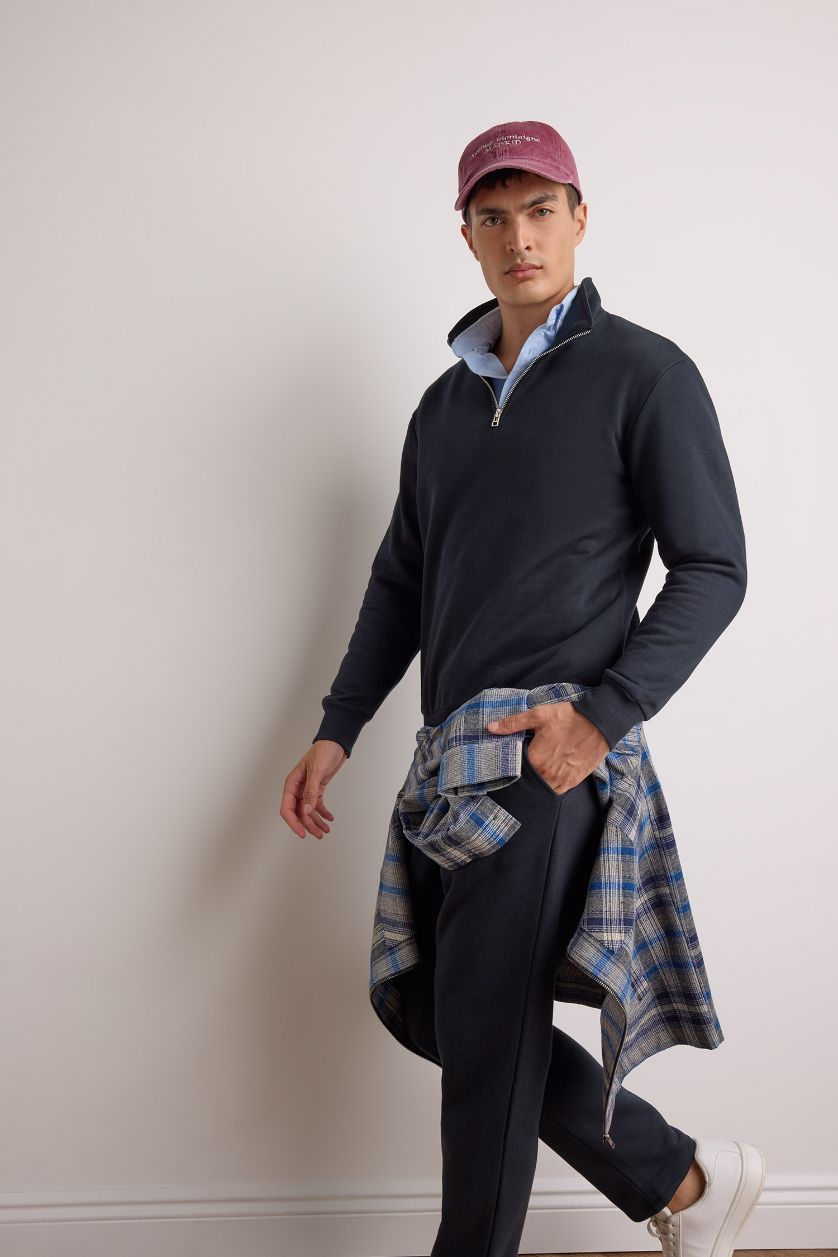 Erkek Lacivert Regular Fit Dik Yaka Yarım Fermuarlı İçi Yumuşak Tüylü Basic Düz Sweatshirt