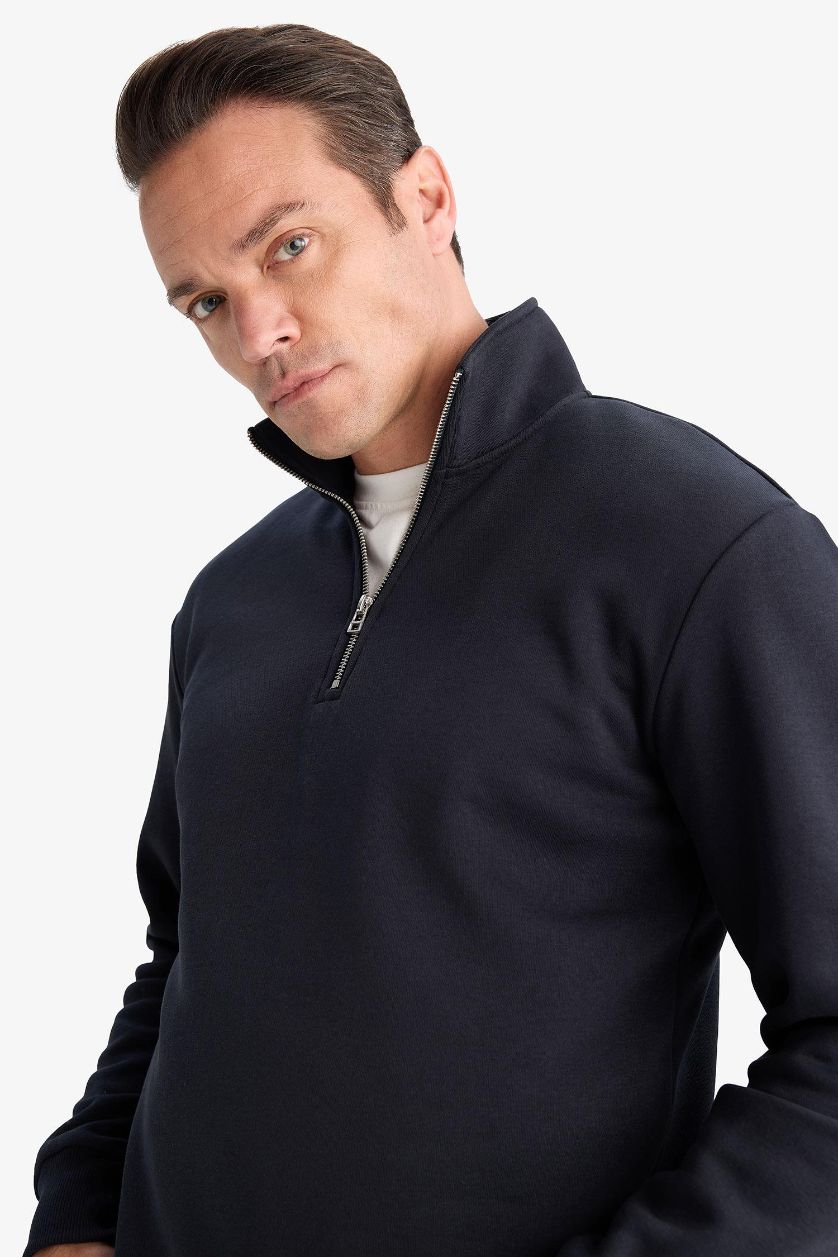 Erkek Lacivert Regular Fit Dik Yaka Yarım Fermuarlı İçi Yumuşak Tüylü Basic Düz Sweatshirt
